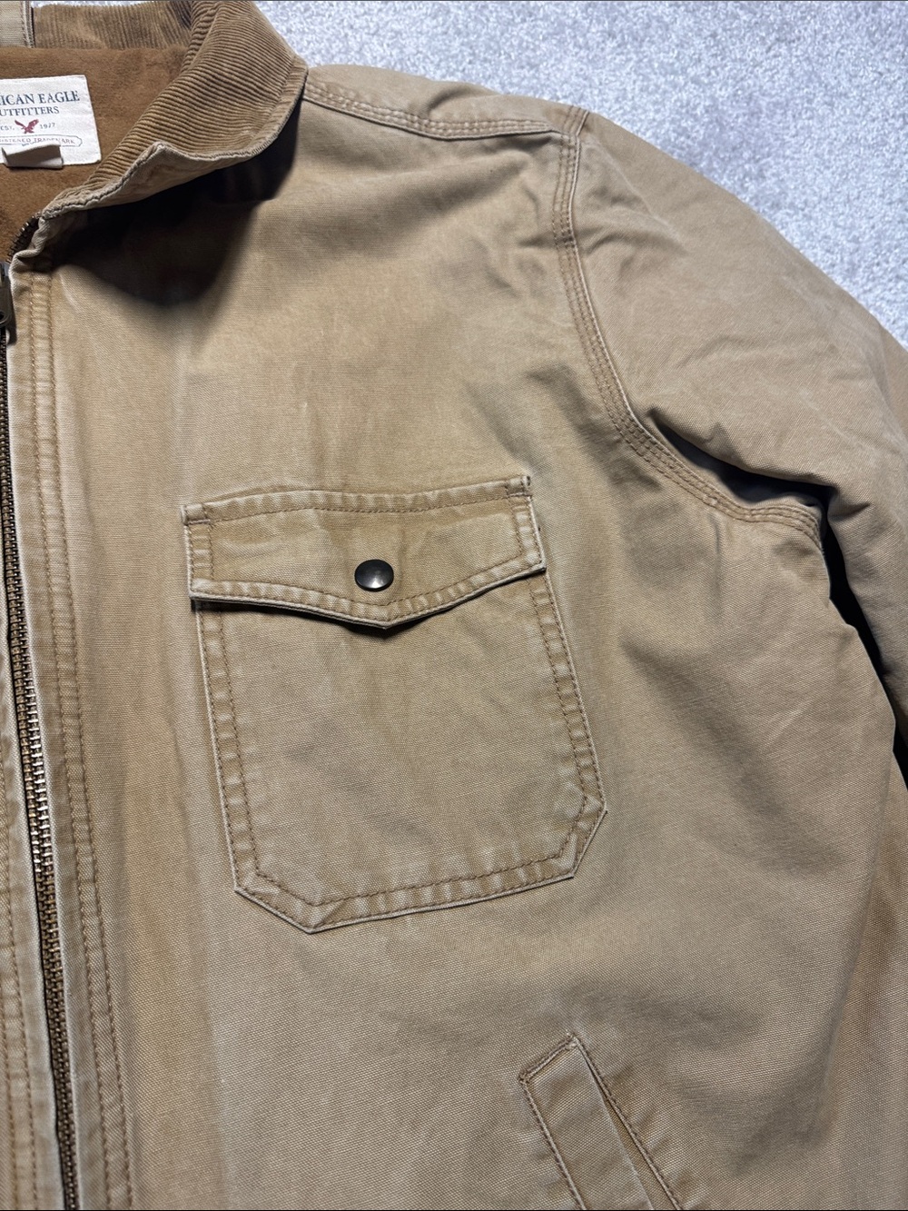 AMERICAN EAGLE MENS XL KHAKI CANVAS CHORE FIELD JACKET COAT CORDUROY COLLAR WORK - Picture 13 of 17